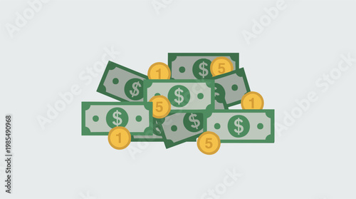 Pile of dollar banknotes and gold coins, financial savings concept illustration