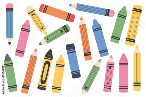 Colorful crayons and pencils scattered on white background