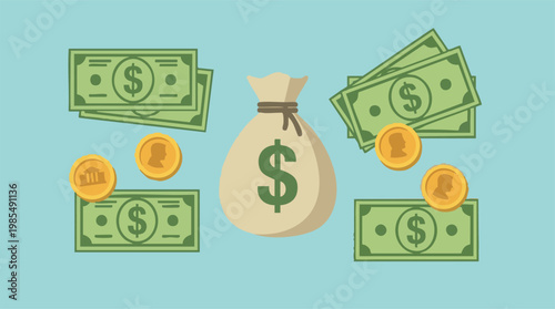 Financial concept with money bag, dollar bills, and gold coins on blue