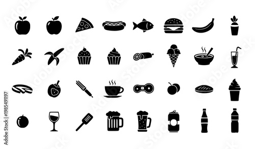 Black food and drink silhouette icon grid vector set with minimal culinary collection