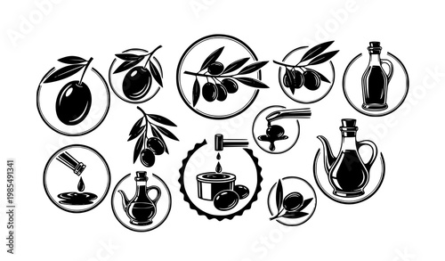 Olive oil silhouette badges vector set with black and white emblem food icon designs