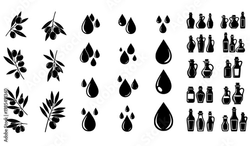 Olive and olive oil silhouettes vertical vector set with black and white food icons