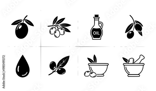 Olive and olive oil icon grid vector set with black and white minimal food design
