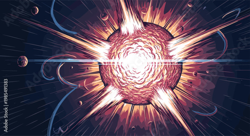 Dramatic pixel art illustration of a massive celestial explosion of a planet with bright light rays and fragments scattered in deep space.