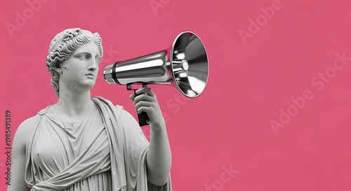 Statue of a woman holding a megaphone, set against a vibrant pink background