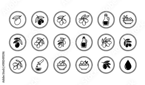 Olive oil icons in circular frames vector set with black and white minimal design