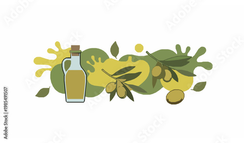 Olive oil icons with abstract splash elements vector set in modern Mediterranean food style