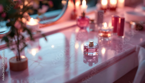 Luxurious vanity setup, marble tabletop, soft pink tones