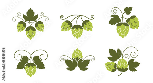 Versatile set of hop icons with green cones and leaves arranged in various compositions for brewery branding or harvest designs.