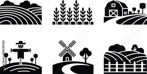Farm landscape glyphs a collection of rural scene icons in black and white