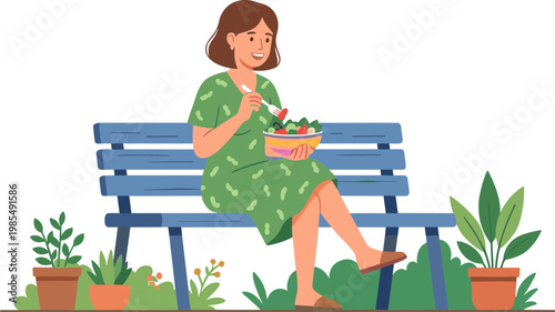 Woman sitting on a blue bench eating a sandwich surrounded by green plants and potted flowers.
