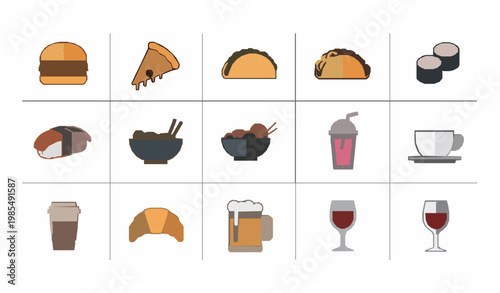 Food and drink icon grid vector set with minimal culinary ingredient and beverage design