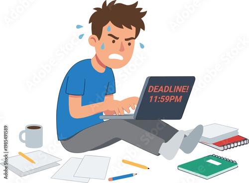 A stressed man works on laptop with deadline papers and books around him.