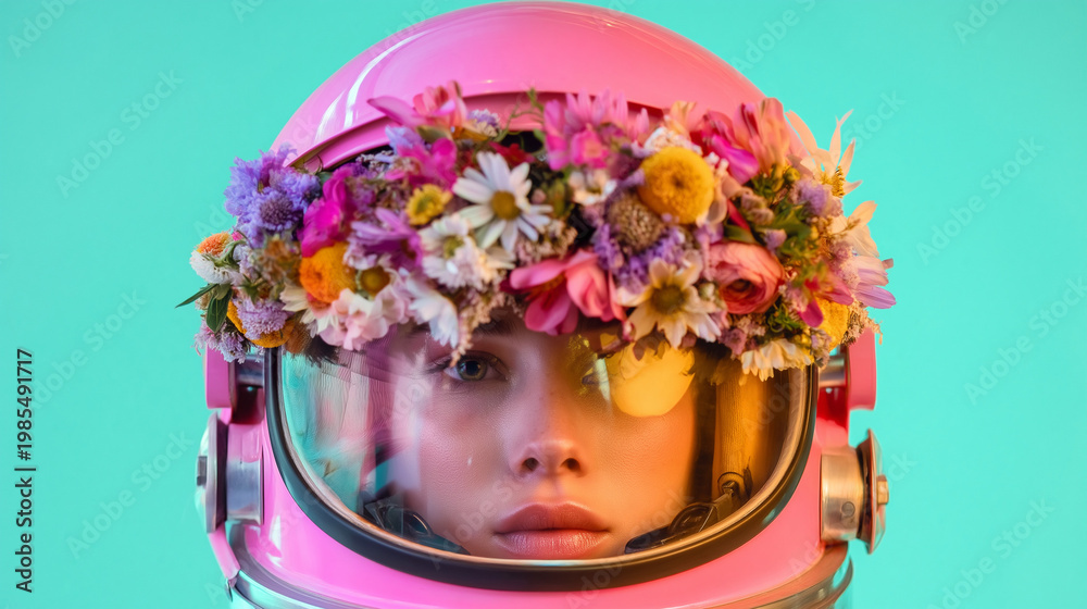 Fototapeta premium A young girl wearing a pink astronaut helmet with a colorful floral crown