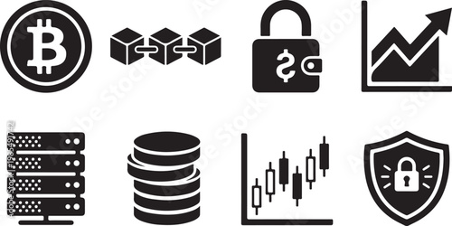 Cryptocurrency, blockchain, finance icons, black and white, 8 symbols, vector graphics