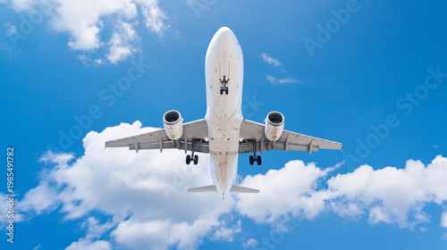 A white airplane flying high in a clear blue sky with fluffy clouds