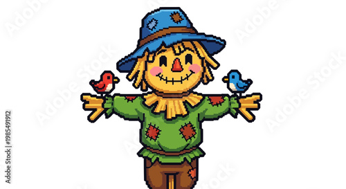 Cute Scarecrow Character with Birds on Arms.