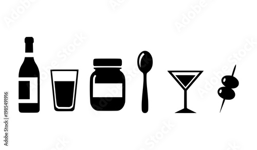 Food and drink silhouettes horizontal lineup vector with black minimal kitchen and bar icons