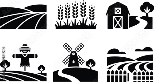 Farm icons set fields crops barn windmill and rural landscape elements