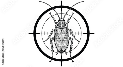 Detailed black and white engraving of a cockroach centered within a target crosshair symbol for pest control concept.