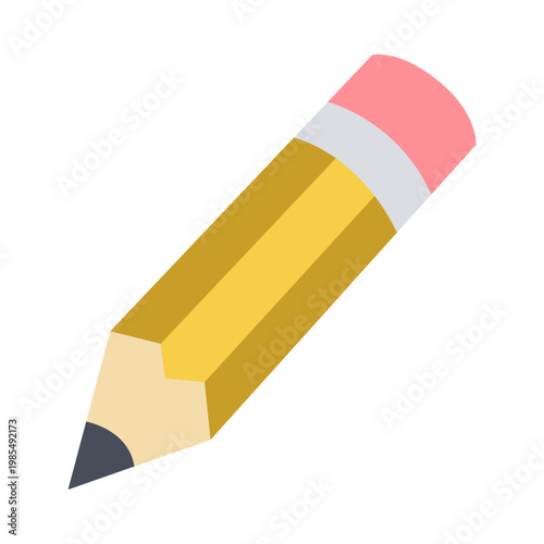 A yellow pencil with a pink eraser and a sharpened lead point