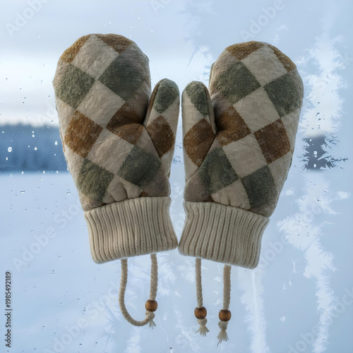 Quilted Mittens with Knit Cuffs and Drawstrings isolated on a transparent background gloves winter