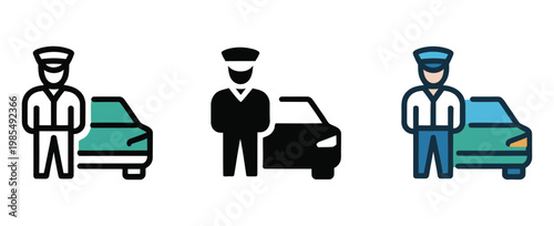 Three variations of a police officer standing with a vehicle icon, set of law enforcement symbols in outline, solid, and flat styles, clean vector illustration for public safety, security services