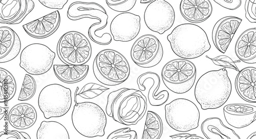 Refreshing seamless pattern featuring hand-drawn sketches of whole lemons, halves, slices, and peels scattered on a white background.