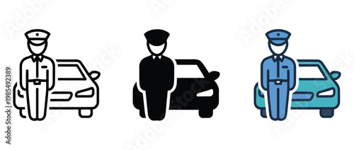 Three variations of a police officer standing with a vehicle icon, modern icon set representing police authority, patrol car, and law enforcement presence, minimal design for apps, safety systems