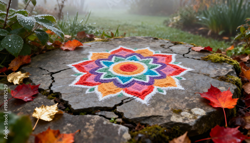 Rangoli made of colored sand on a rough-cut slab of slate stone