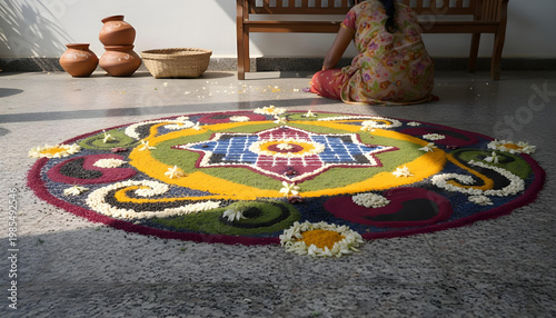 Rangoli made of colorful grains, pulses, and flower petals on a textured stone floor