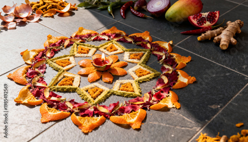 Rangoli made of fruit peel and kitchen scraps for a sustainable Diwali theme