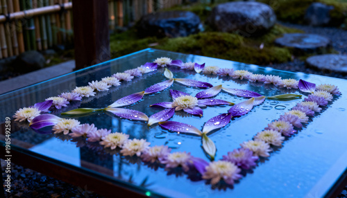 Rangoli made of only water-soaked flower petals on a glass table, viewed from below
