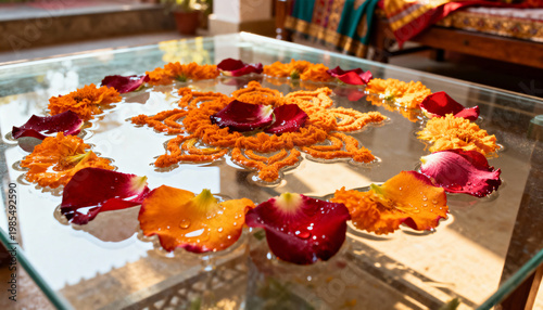 Rangoli made of only water-soaked flower petals on a glass table, viewed from below