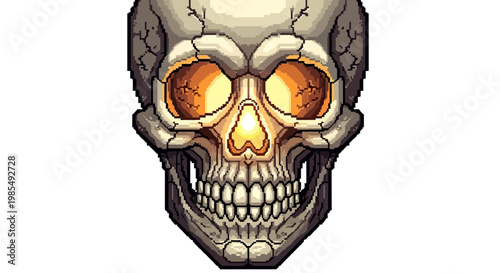 Detailed Human Skull with Glowing Orange Eyes.