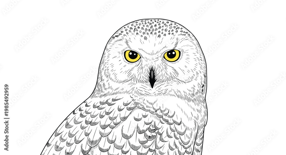 Fototapeta premium Detailed black and white sketch of a snowy owl head with bright yellow eyes and intricate feather patterns on a white background.