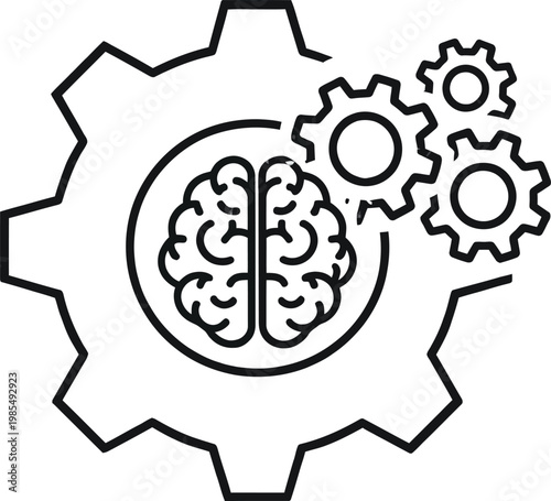 Vector icon illustration of a human head with gears and cogs representing mental processes, logical thinking, brain function, education, learning, and artificial intelligence concepts. 
