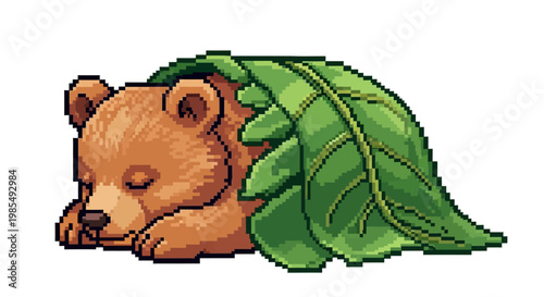 Cute Pixel Art Bear Sleeping Under Green Leaf.