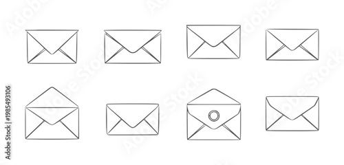 Eight hand drawn envelope in various states of closure mail letter communication