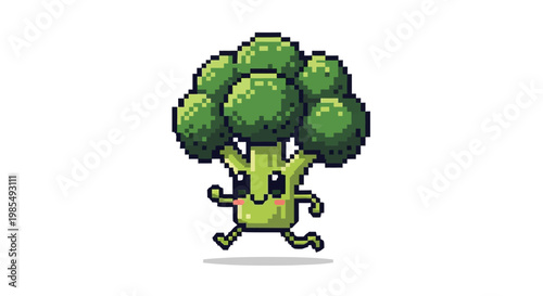 Cute Pixel Art Broccoli Character Running Joyfully.