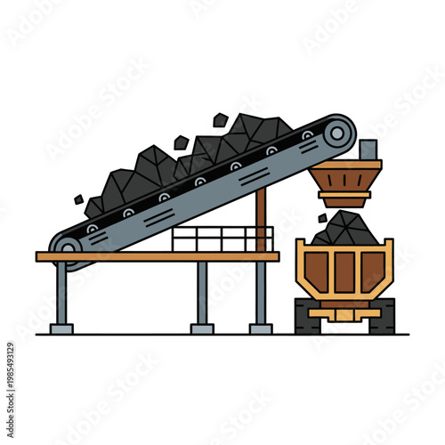 Conveyor belt transporting coal into a dump truck at a mining facility