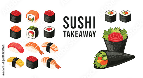 Colorful assortment of various sushi types including nigiri, maki, and temaki rolls with the bold text sushi takeaway in the center.