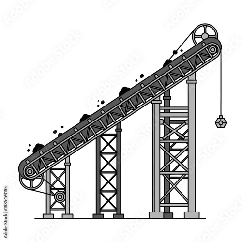 Conveyor belt transporting coal up a mine structure, industrial machinery illustration