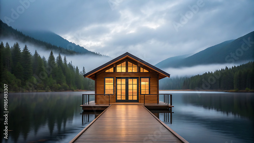Cozy lakeside cabin at dusk with warm golden light reflecting on water