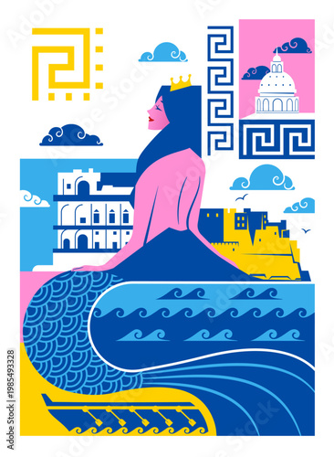 Illustration of the Gulf of Naples with Vesuvius and the Neapolitan siren