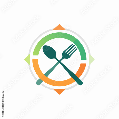 Abstract compass logo design featuring crossed fork and spoon on a white background, representing culinary direction and exploration