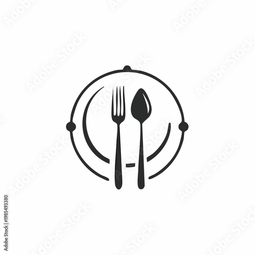 A minimalist black and white logo featuring a fork and spoon arranged vertically within a circular plate, symbolizing dining and culinary experiences