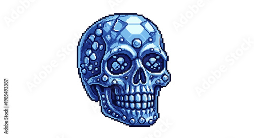 Intricate Blue Crystal Skull with Bubbles and Geometric Patterns.