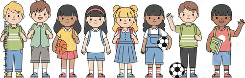 Diverse Group of Elementary School Children with Backpacks and Sports Equipment in Kawaii Flat Vector Illustration Style