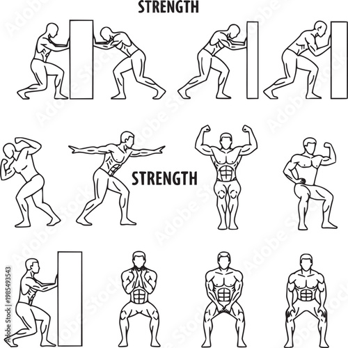 vector illustration of man demonstrating strength exercises and fitness poses for workout motivation